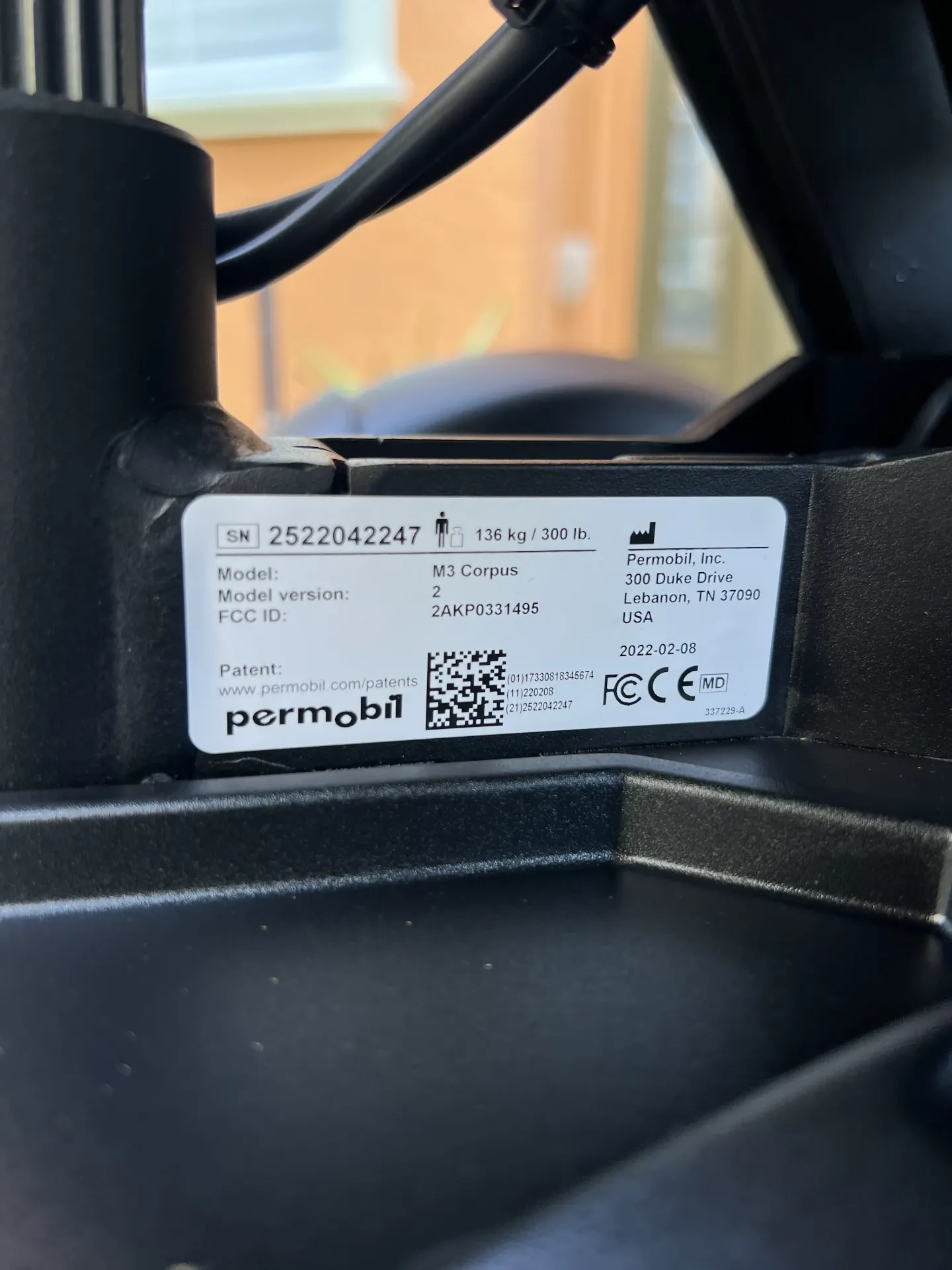 Permobil M3 Corpus model and serial number label